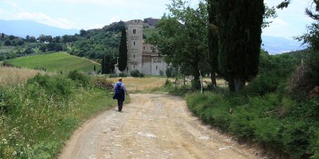 The scenic - but not very well marked - trail ends at the spectacular St Antimo Abbey. Photo / Jim Eagles