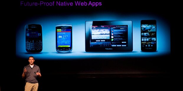 Tim Neil, from Research In Motion, speaks about the Blackberry 10 architecture on June 21, 2012. Photo / AP