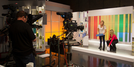 Candy Lane and Lucy Gallaugher on set at the Shopping Channel. Photo / Kellie Blizard