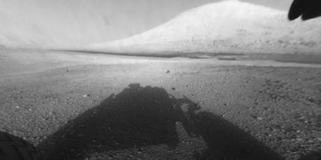 The Curiosity rover takes a photo of its shadow in front of Mount Sharp. Photo / NASA