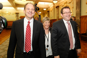 New Labour leader David Shearer and deputy leader Grant Robertson with party president Moira Coatsworth. Photo / Mark Mitchell