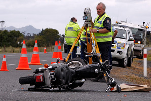 The Harley Davidson motorcycle involved in the collision on State Highway 1 and Shoemaker Rd intersection, Waipu. Photo / John Stone