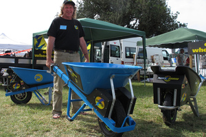 Northland inventor Steve Baldry shows off his motorised wheelbarrow. Photo / Peter de Graaf