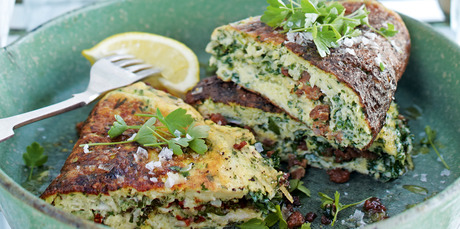Haloumi, chorizo and parsley souffle omelette. Photo / Donna Hay Magazine