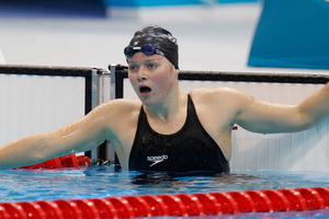 Natalie Wiegersma catching her breath after competing in her Olympic Games 400m individual medley heat. Photo / Brett Phibbs