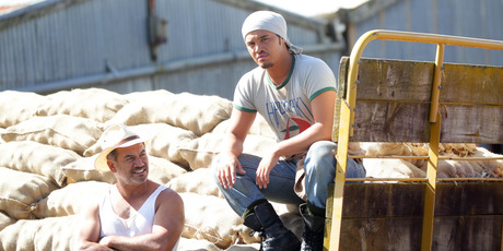 Filming of Mt Zion in Pukekohe, south of Auckland. Pictured is Stan Walker (right) and Temuera Morrison. Photo / Doug Sherring
