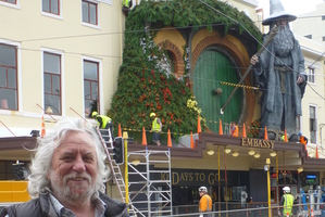 Production designer Dan Hennah outside Wellington's Embassy Theatre, displaying the Gandalf facade. Photo / Rebecca Quilliam