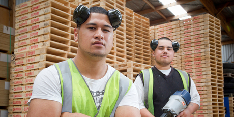 Mike Alesana (left) and Dylan Matoofa found work at a pallet firm through the help of a foundation working group. Photo / Greg Bowker