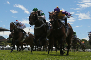 Rollout The Carpet (right) beats Waterford and Fix (left) in the NZ 1000 Guineas at Riccarton. Photo / Getty Images
