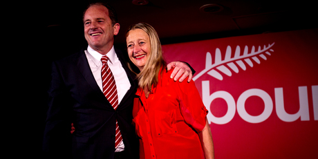 Labour leader David Shearer, with his wife Anuschka Meyer, receives a rapturous response from delegates for his speech. Photo / Dean Purcell