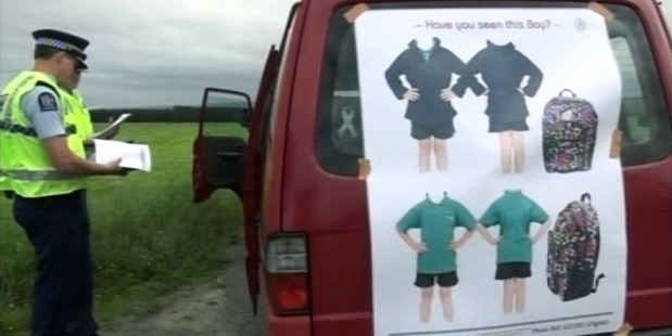 Police show images of an abducted boy's school clothing during the search in Timaru. Photo / 3News