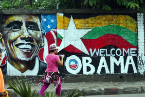 A wall painting by Burma graffiti artists welcomes Barack Obama to the country, en route to Cambodia. Photo / AP