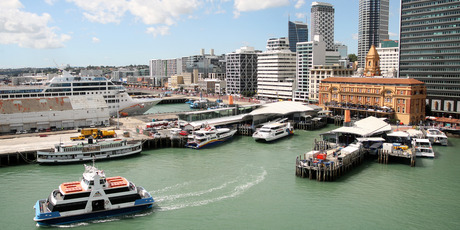 Auckland Transport representatives are out at Auckland's Ferry Building promoting the AT HOP swipe card. Photo / Natalie Slade