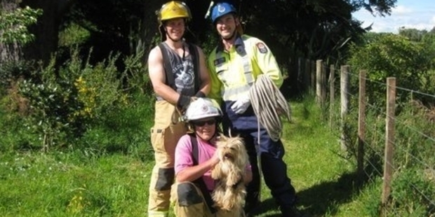 Volunteer Eketahuna firefighters, from left, Johan van Vliet, acting fire chief Max Mayer, and Ryan Seator, who plucked Australian terrier Fergie from his four-day perch.