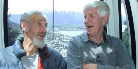 Original Skyline managing director Jon Dumble (left) and former Queenstown mayor Warren Cooper reminisce as they ride on the gondola on Friday. Photo / Tracey Roxburgh
