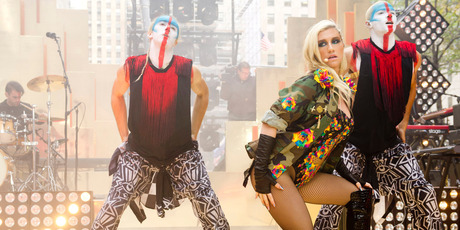 Ke$ha made a bra, headdress and earrings out of her fans' teeth. Photo/AP