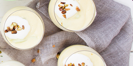 Fresh mango soup with coconut and pistachios. Photo / Babiche Martens