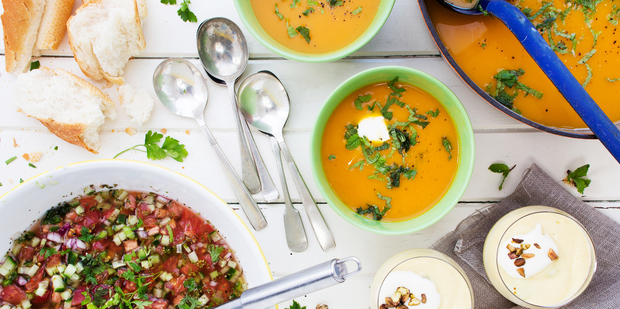 Clockwise top right: Carrot, orange and paprika soup; fresh mango soup with coconut and pistachios; and Portuguese gaspacho. Photo / Babiche Martens