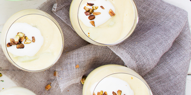 Fresh mango soup with coconut and pistachios. Photo / Babiche Martens