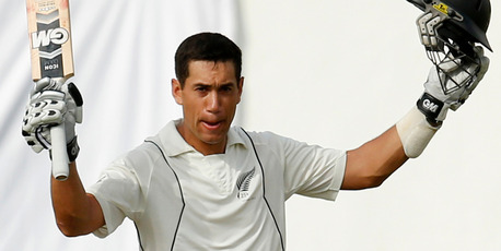 New Zealand captain Ross Taylor celebrates scoring a century during the first day of the second test cricket match against Sri Lanka in Colombo. Photo / AP