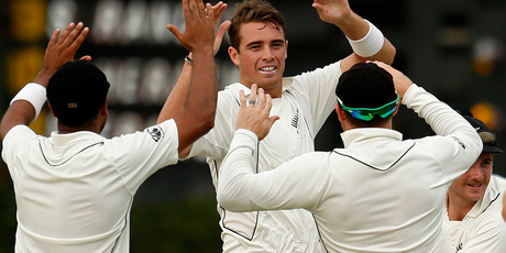 New Zealand's Tim Southee celebrates the wicket of Sri Lanka's Kumar Sangakkara during the second day of the second test cricket match between New Zealand and Sri Lanka. Photo / AP