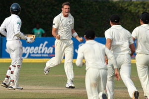 New Zealand's Tim Southee, center, celebrates. Photo / AP.