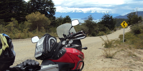 Charlotte Holmes' motorcycle with the backdrop of the Andean mountain ranges. Photo / Charlotte Holmes