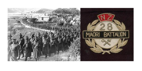 The Maori Battalion (left) consisted of volunteers, grouping tribes together, which led to multiple losses by many whanau. 28th Maori Battalion badge (right). Photo / New Zealand Herald Archives, Supplied