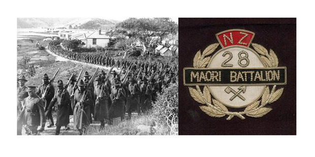 The Maori Battalion (left) consisted of volunteers, grouping tribes together, which led to multiple losses by many whanau. 28th Maori Battalion badge (right). Photo / New Zealand Herald Archives, Supplied