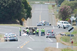 The scene of a fatal crash in Normanby, Taranaki in which a a van ploughed into a group of motorcyclists on a toy run. Photo / Kevin Bone