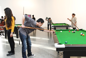 Pool tables are part of the exhibition at Mangere Arts Centre Nga Tohu o Uenuku. Photo / Janet Lilo