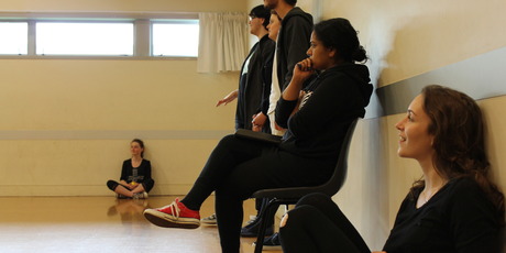 (Left to right) Erin O'Flaherty (seated), Zachary Buckland, Amie Bentall, Jack Duncan Spring, Nisha Madhan (YASC Tutor) and Hannah Shunk-Hockings rehearsing. Photo / Lucie Everard-Brown
