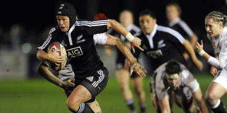 New Zealand's Emma Jensen makes a break during the clash against England in Aldershot yesterday. Photo / Getty Images