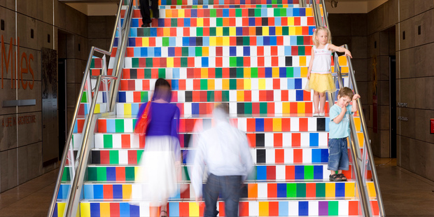 The colourful staircase at the Christchurch Art Gallery. Photo / Supplied