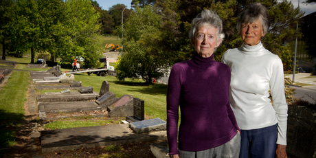 Sisters Janis Fairburn and Dinah Holman say the highway work is an intrusion into the cemetery. Photo / Greg Bowker