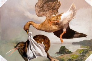 Fable 5 The Kiwi and the Goose (If Men Had All They Wished They Would Be Ruined) by Raymond Ching, showing at Artis Gallery, Parnell. Photo / Natalie Slade