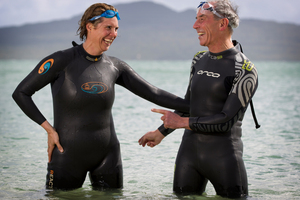 Nurse Helen Greenaway plans to outswim her 70-year-old father, Tony Williams, by keeping him away from his secret weapon. Photo / Greg Bowker