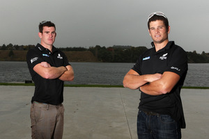 Nathan Cohen (right) and Joseph Sullivan (Left) during a morning of training on lake Karapiro. Photo / PHOTOSPORT