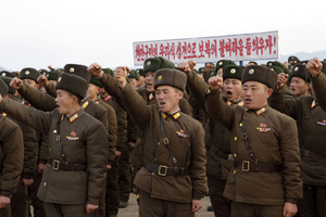North Korean soldiers vow to retaliate against any South Korean military action during a rally at the Phyonghwa Seaside Culture Farm in South Hwanghae Province, North Korea. Photo / AP