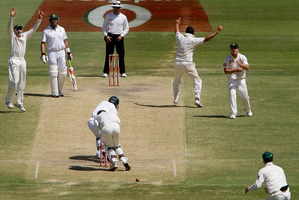 A ball slips past Australia's wicketkeeper Matthew Wade on what appeared to be a catching chance against South Africa. Photo / AP