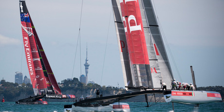 Team New Zealand tests its AC-72 boat against Prada on the Hauraki Gulf on Tuesday. Photo / NZ Herald