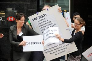 Wellington TPP Action Group protest outside the Ministry of Foreign Affairs and Trade. Photo / File
