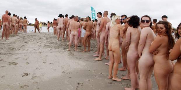 Skinny dippers prepare for a world record bid at Papamoa Beach. Photo / Christine Cornege