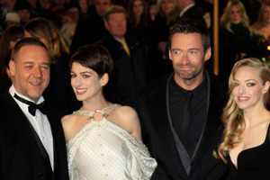 Russell Crowe, Anne Hathaway, Hugh Jackman and Amanda Seyfried arrive on the red carpet for the World Premiere of 'Les Miserables' at a London cinema. Photo / AP