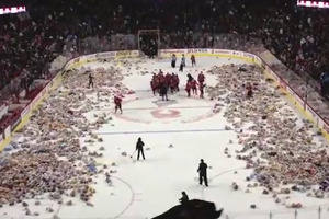 Once a year, the Calgary Hitmen of the Canadian junior hockey league are bombarded with teddy bears. Photo / Youtube.