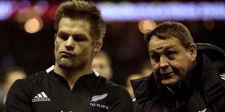 Richie McCaw of New Zealand and Steve Hansen head coach of New Zealand look on after defeat during the QBE International match between England and New Zealand. Photo / Getty Images.