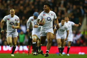 Manu Tuilagi of England runs through to score his try during the match between England and New Zealand. Photo / Getty Images