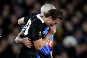 Aaron Cruden is helped off the field during the Rugby World Cup final. Photo / Sarah Ivey