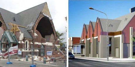 The damaged Knox Church after February's earthquake (left), and the proposed reconstruction. Photos / Geoff Sloan/Supplied