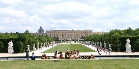 Apollo Fountain - with no water - in the foreground, with the Palace of Versailles in the distance. Photo / Jim Eagles